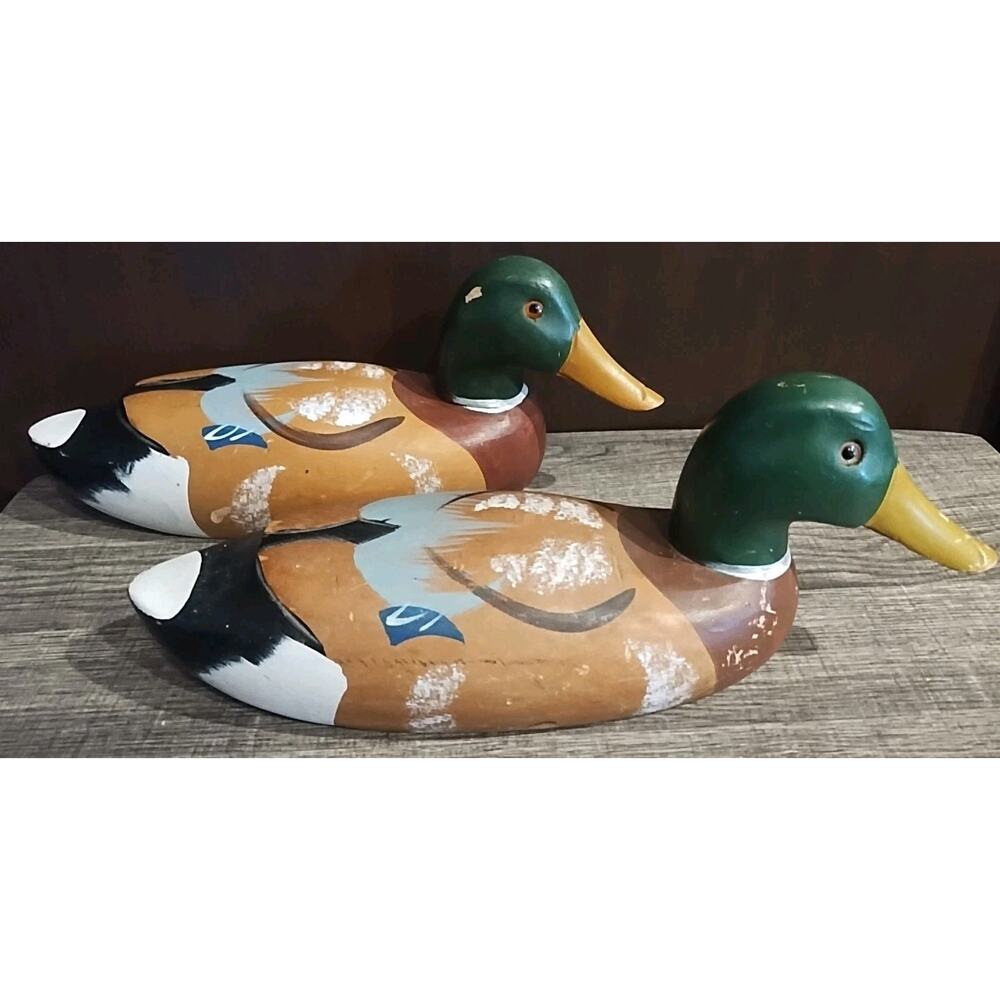 2 Vintage Folk Art Painted Carved Wooden Decoy Glass Eyes Drake Mallard Duck 14"